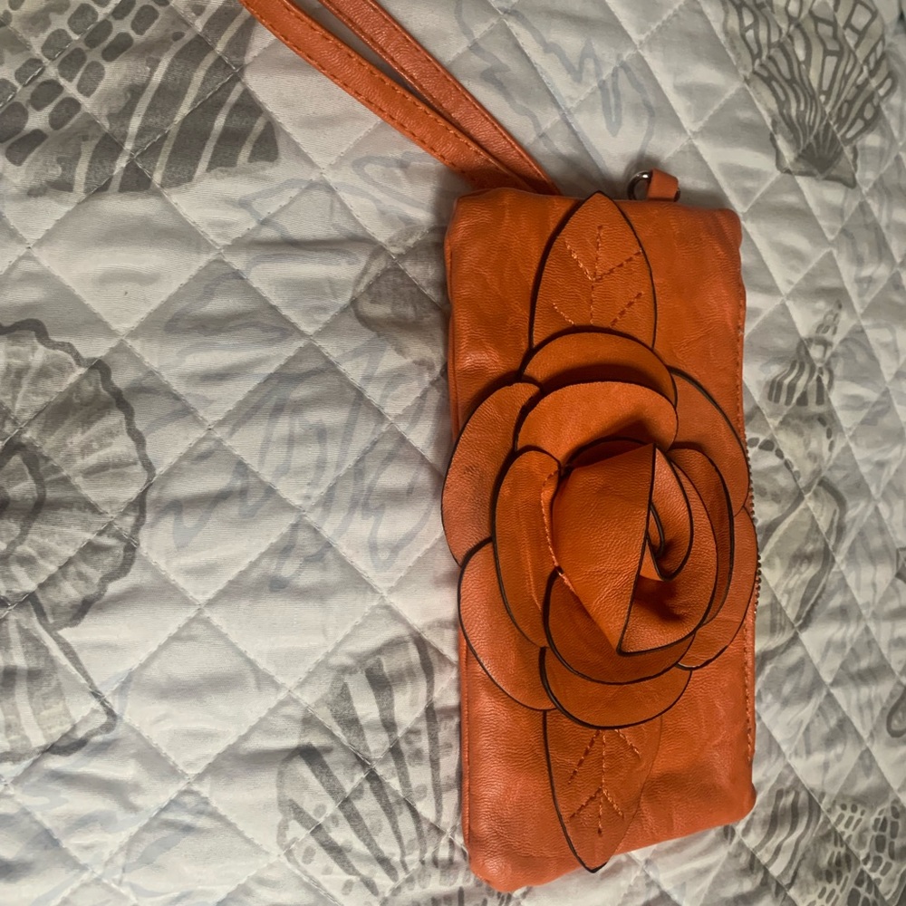 Orange rose wristlet, leather with key ring attachment